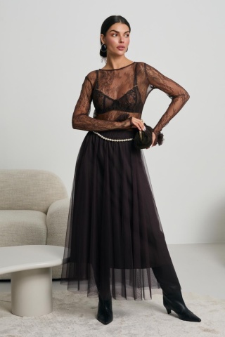 Tiulowa spódnica z paskiem czekoladowa Lalous