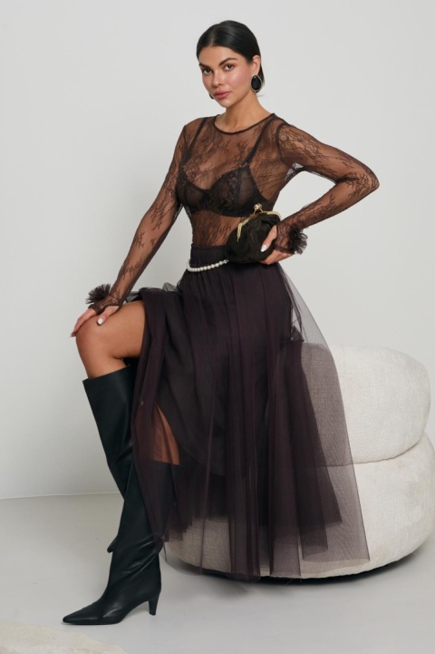 Tiulowa spódnica z paskiem czekoladowa Lalous