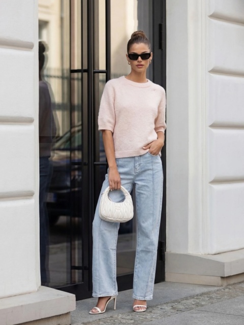 Sweter Cocomore z krótkim rękawem – pudrowy róż