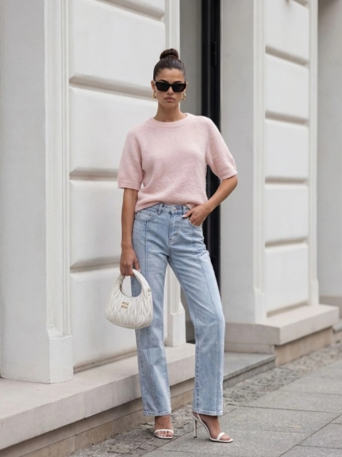 Sweter Cocomore z krótkim rękawem – pudrowy róż