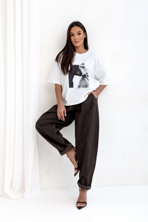 SPODNIE WOSKOWANE JEANS CZEKOLADOWE Sempre