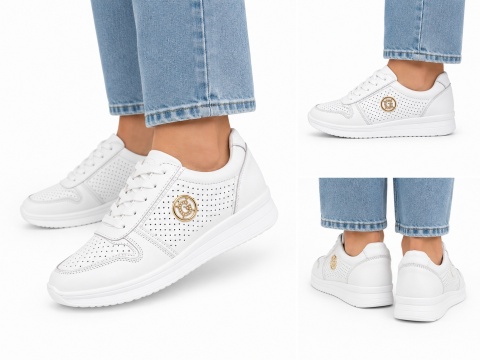 Białe sneakersy damskie z perforowanym wykończeniem-GD-XF-65