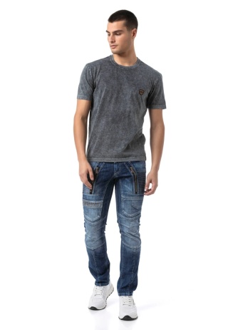 CT808 T-shirt męski Relax Fit ze spraniem i naszywką