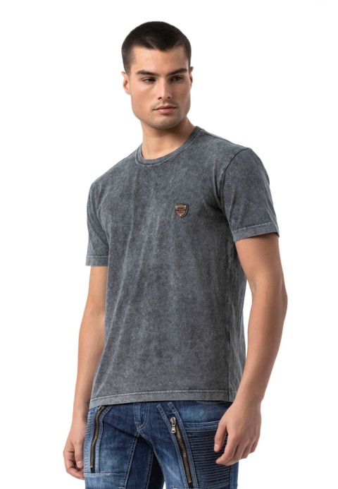 CT808 T-shirt męski Relax Fit ze spraniem i naszywką