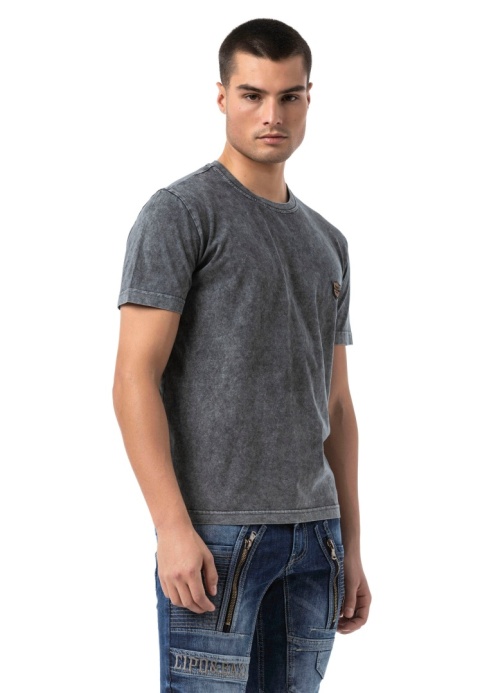 CT808 T-shirt męski Relax Fit ze spraniem i naszywką