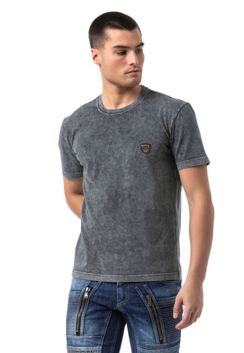 CT808 T-shirt męski Relax Fit ze spraniem i naszywką