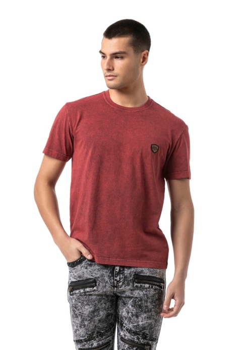 CT808 T-shirt męski Relax Fit ze spraniem i naszywką