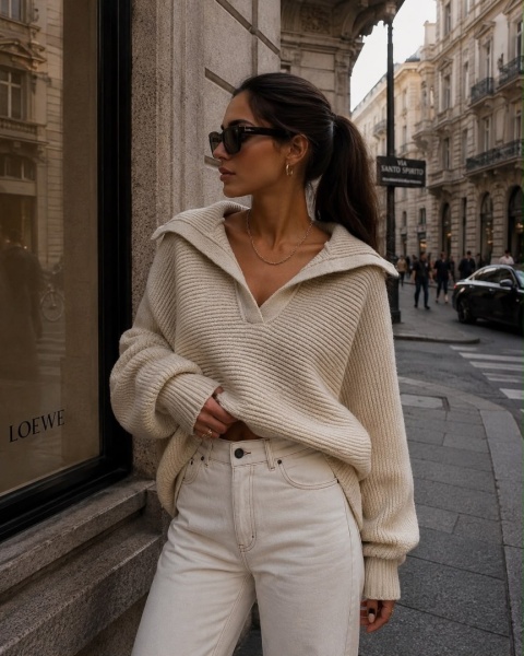 Sweter Cocomore z szerokim kołnierzem – ecru