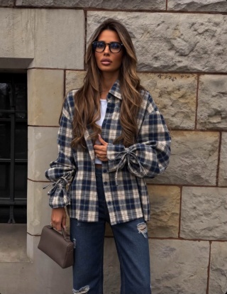 AUTUMN TIE SHIRT lil glam-GRANATOWO-BEŻOWA KRATA