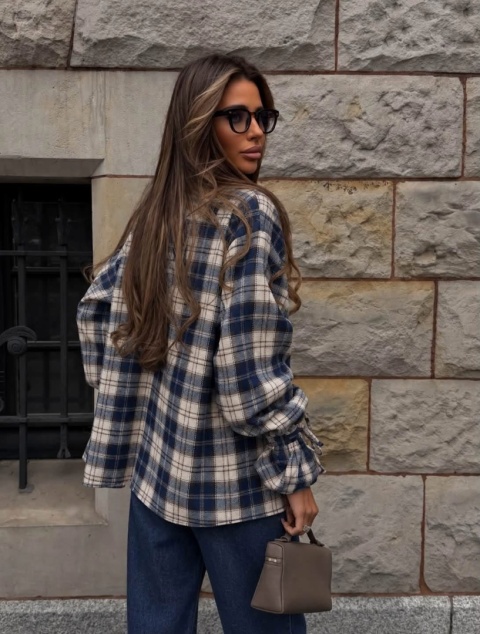 AUTUMN TIE SHIRT lil glam-GRANATOWO-BEŻOWA KRATA