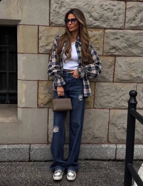 AUTUMN TIE SHIRT lil glam-GRANATOWO-BEŻOWA KRATA