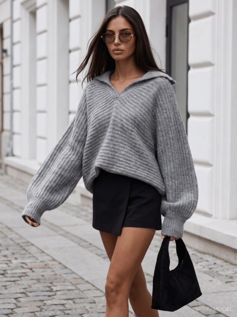 Sweter Cocomore z szerokim kołnierzem – szary