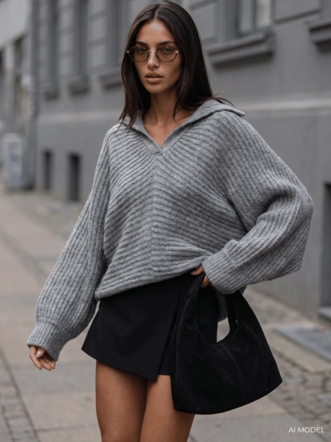 Sweter Cocomore z szerokim kołnierzem – szary