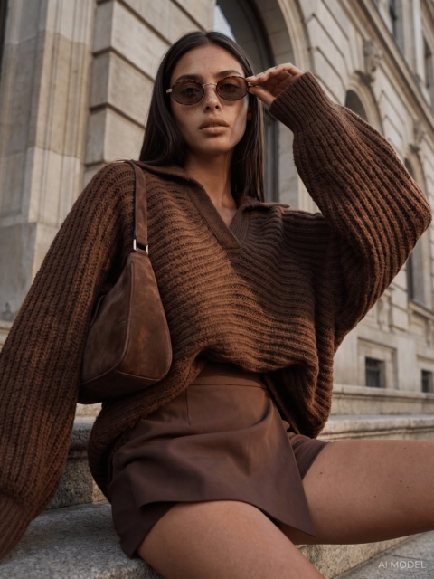Sweter Cocomore z szerokim kołnierzem – brązowy
