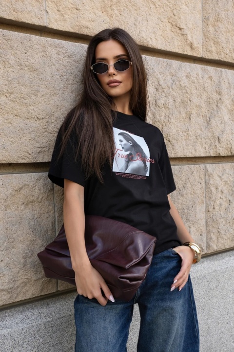 T-SHIRT WOMAN TRUE STORIES CZARNY BOPOCO