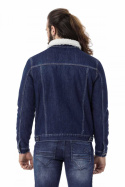 CJ294_019CJ294 Męska niebieska jeansowa kurtka z futerkiem